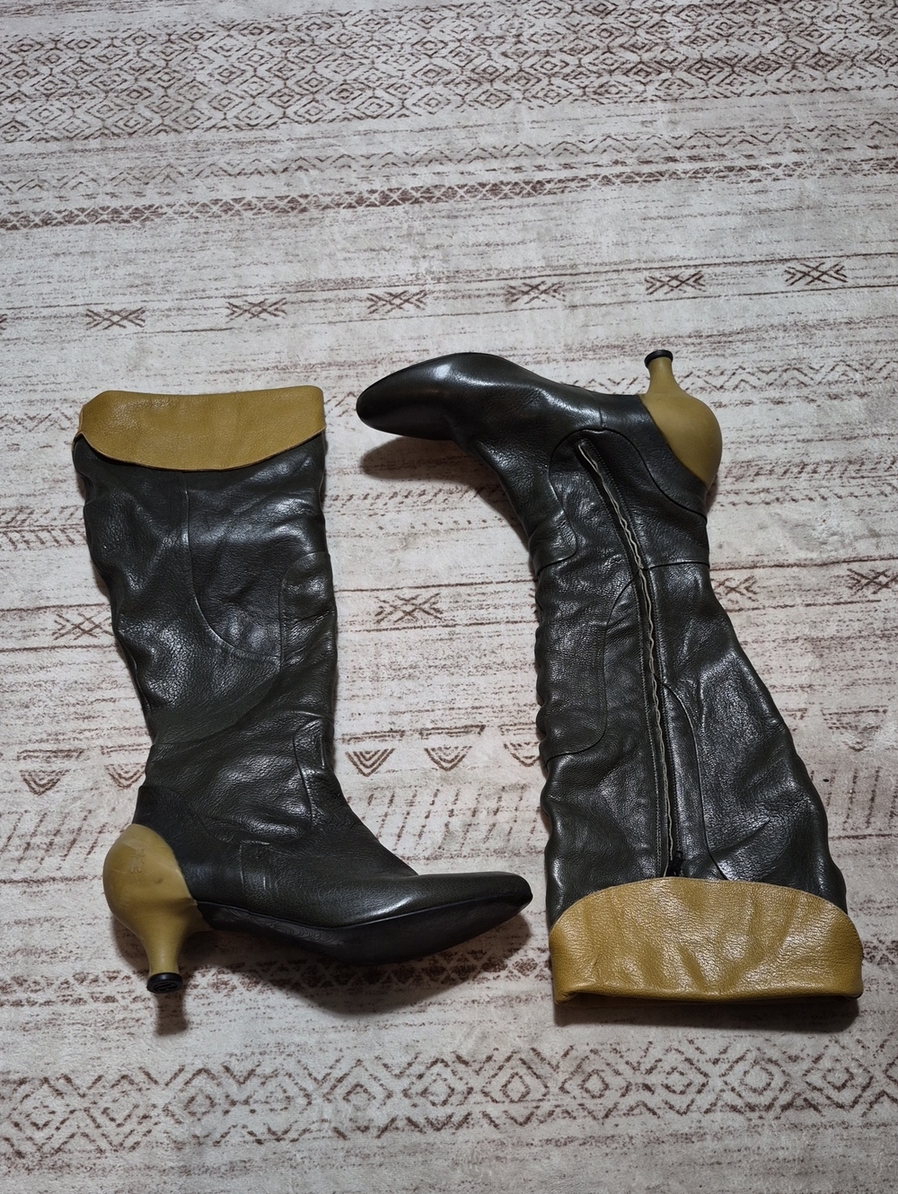 Vintage Fly London Women’s Green Leather Knee Boots with Tan Accents